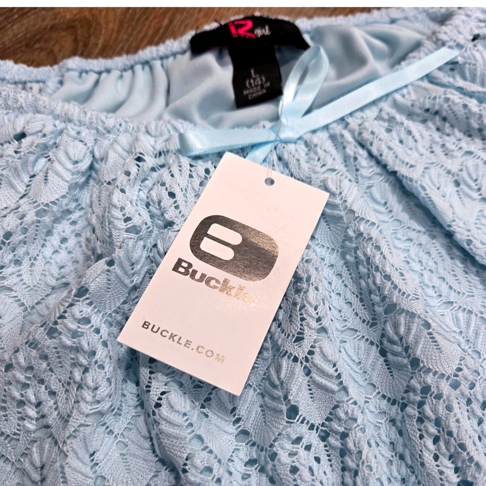 IZ Byer Girl Light Blue Lace Short Sleeve Bow Peplum Top Size L 14 NWT - Picture 3 of 4